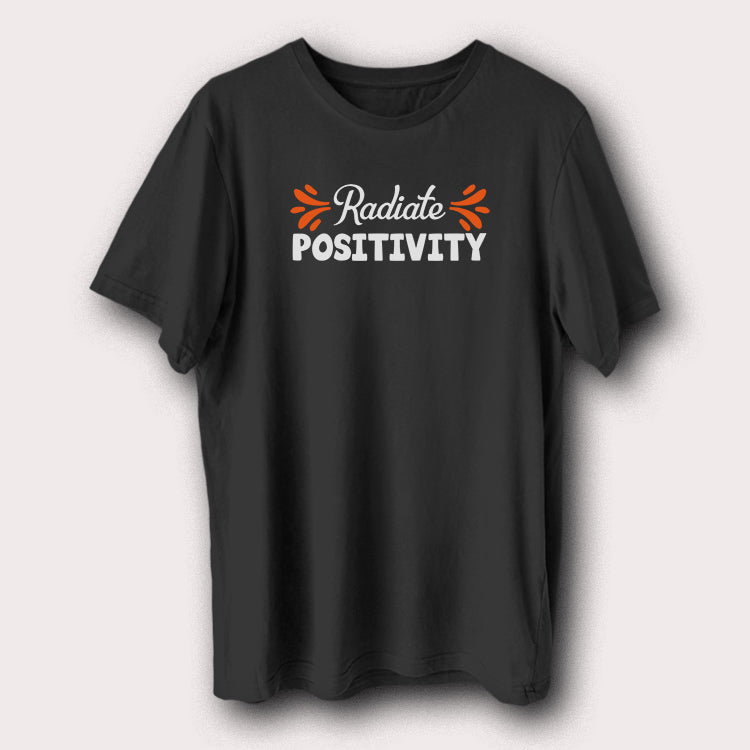 Black t-shirt with 'Radiate Positivity' text on a gray background