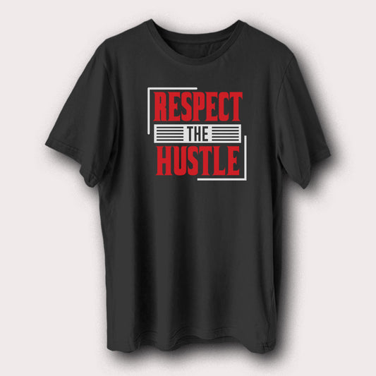 Black t-shirt with 'Respect the Hustle' text in red and white on a gray background